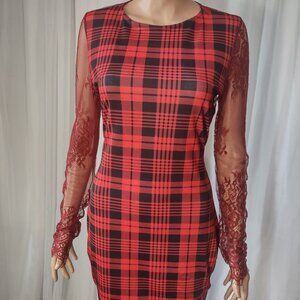 CBR Chic boutique rose  Red and black plaid design with red lace sleeves size M